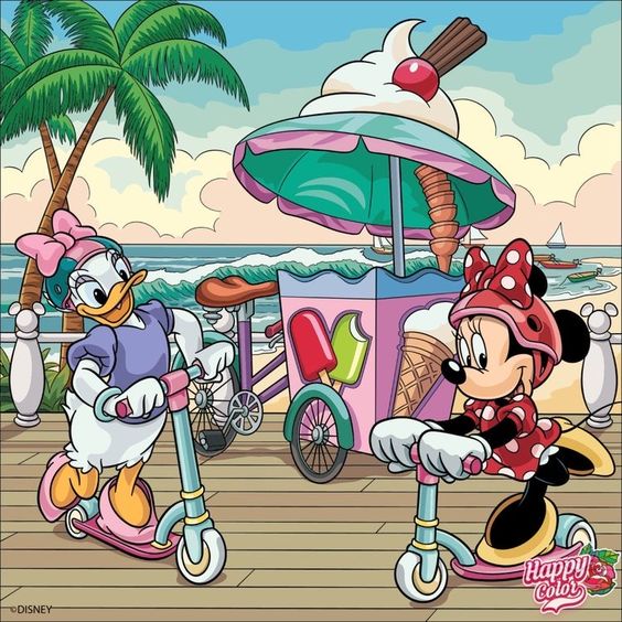 Minnie Mouse and Daisy Duck ride scooters on a beach boardwalk under palm trees