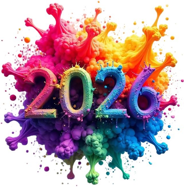 Explosive rainbow paint splashes surrounding metallic 2026 numbers against white background