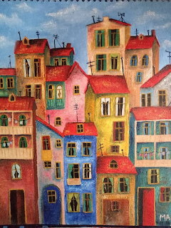 Colorful painting of clustered European-style houses with red, blue, pink, and yellow walls and rooftop antennas