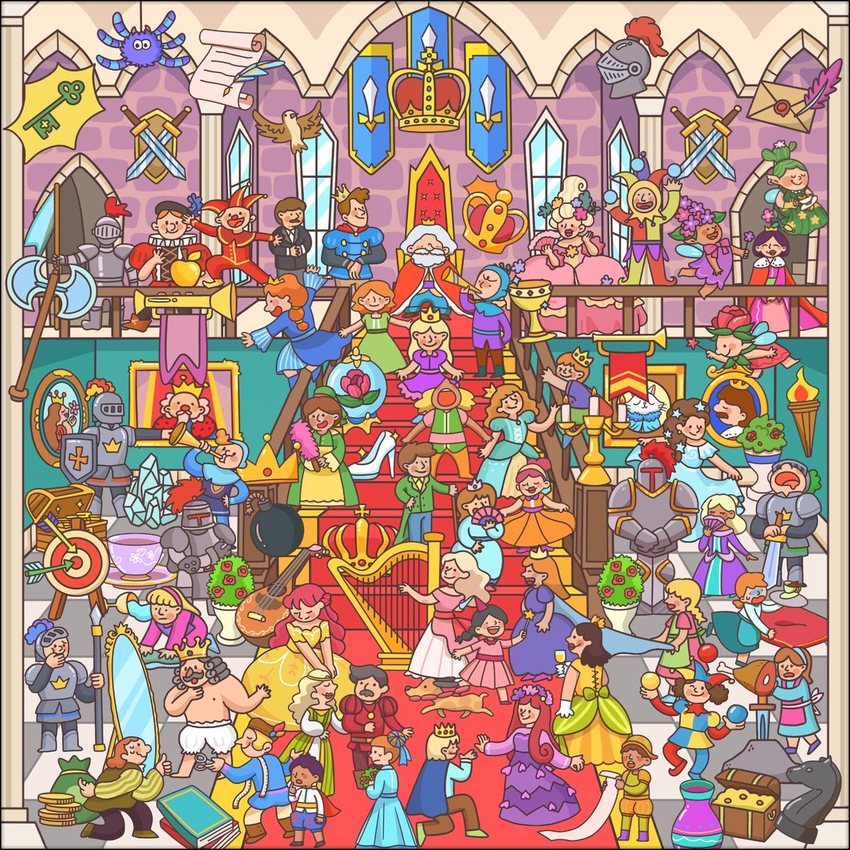 Colorful cartoon castle hall packed with kings, knights, princesses, and many whimsical details