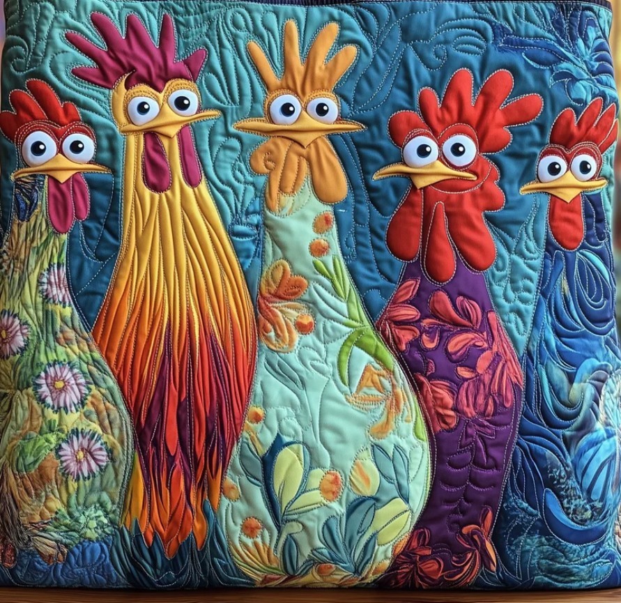 Four colorful fabric roosters with quilted details on decorative textile background