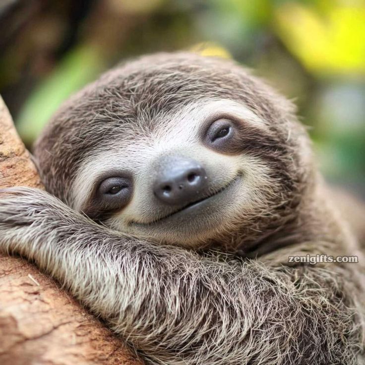 Close-up of a smiling sloth face with gray-brown fur clinging to a branch