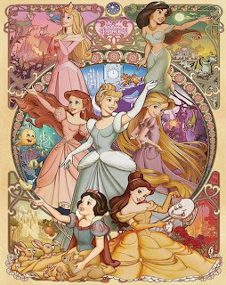 Colorful illustration of Disney princesses including Belle, Cinderella, Rapunzel and Ariel arranged in decorative frame
