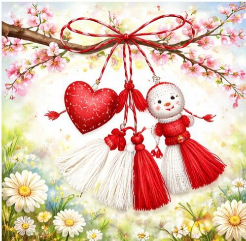 Red and white Martisor charms with heart and snowman hanging from cherry blossom branch over daisies