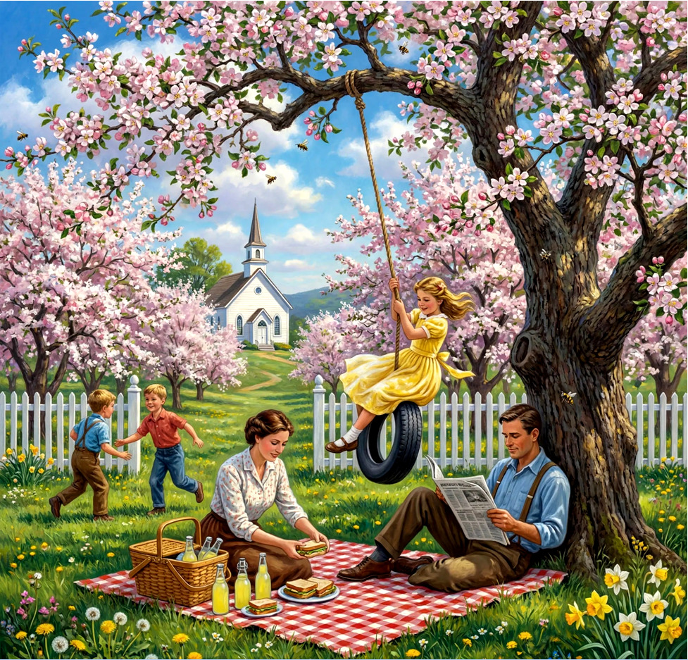 Painting of a family picnic under bloming cherry trees with a girl on a tire swing and a white church
