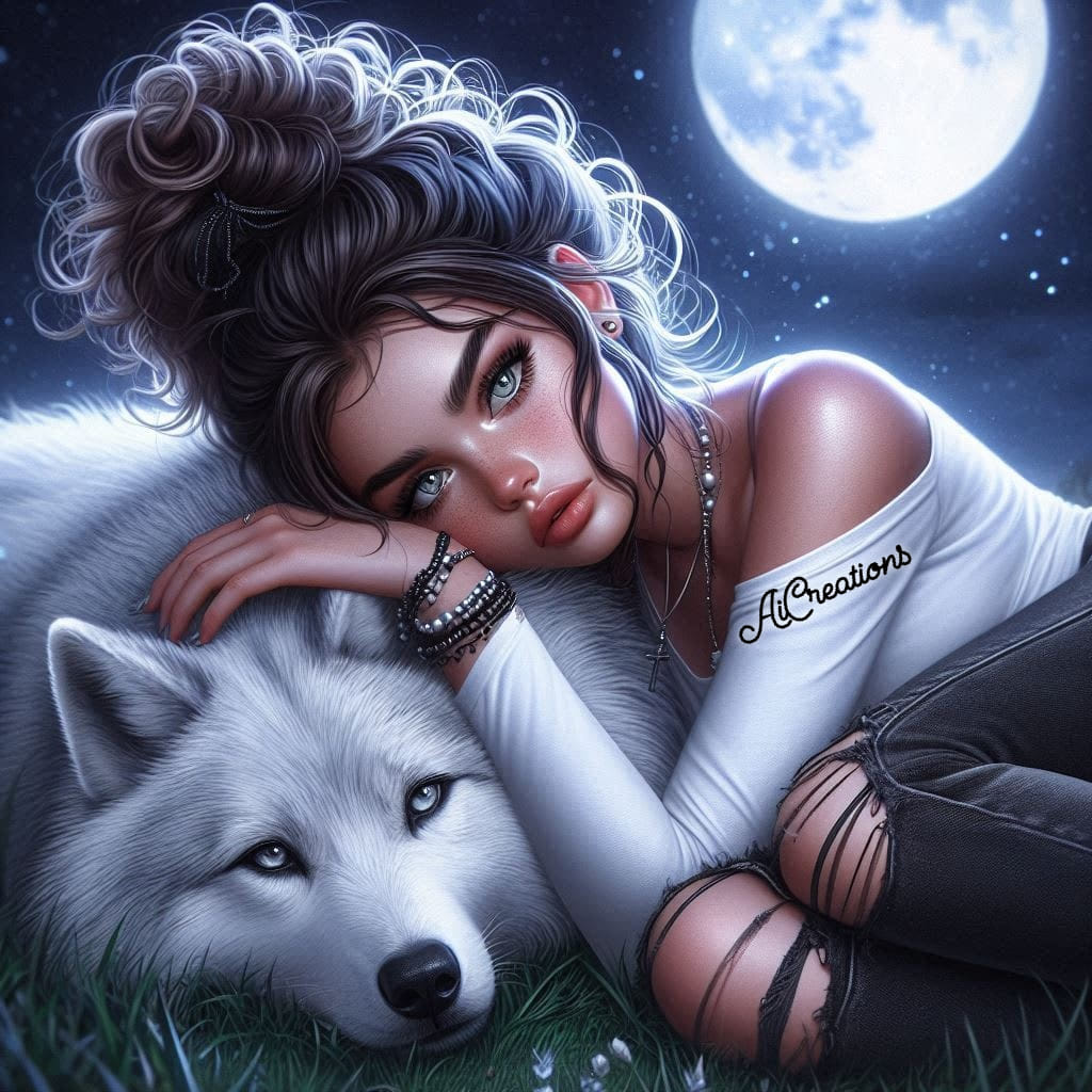 Illustrated young woman lying beside a white wolf under a full moon at night