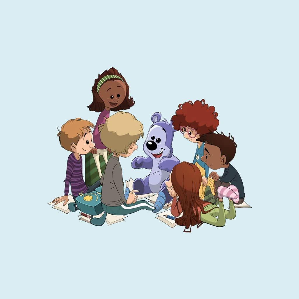Cartoon children sitting in a circle with books around a purple bear character