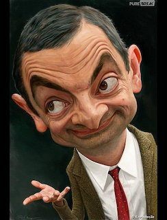 Caricature of Rowan Atkinson with oversized head and expressive face in suit and tie