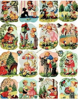 Grid of vintage illustrated cards showing children playing with animals and birds in retro style