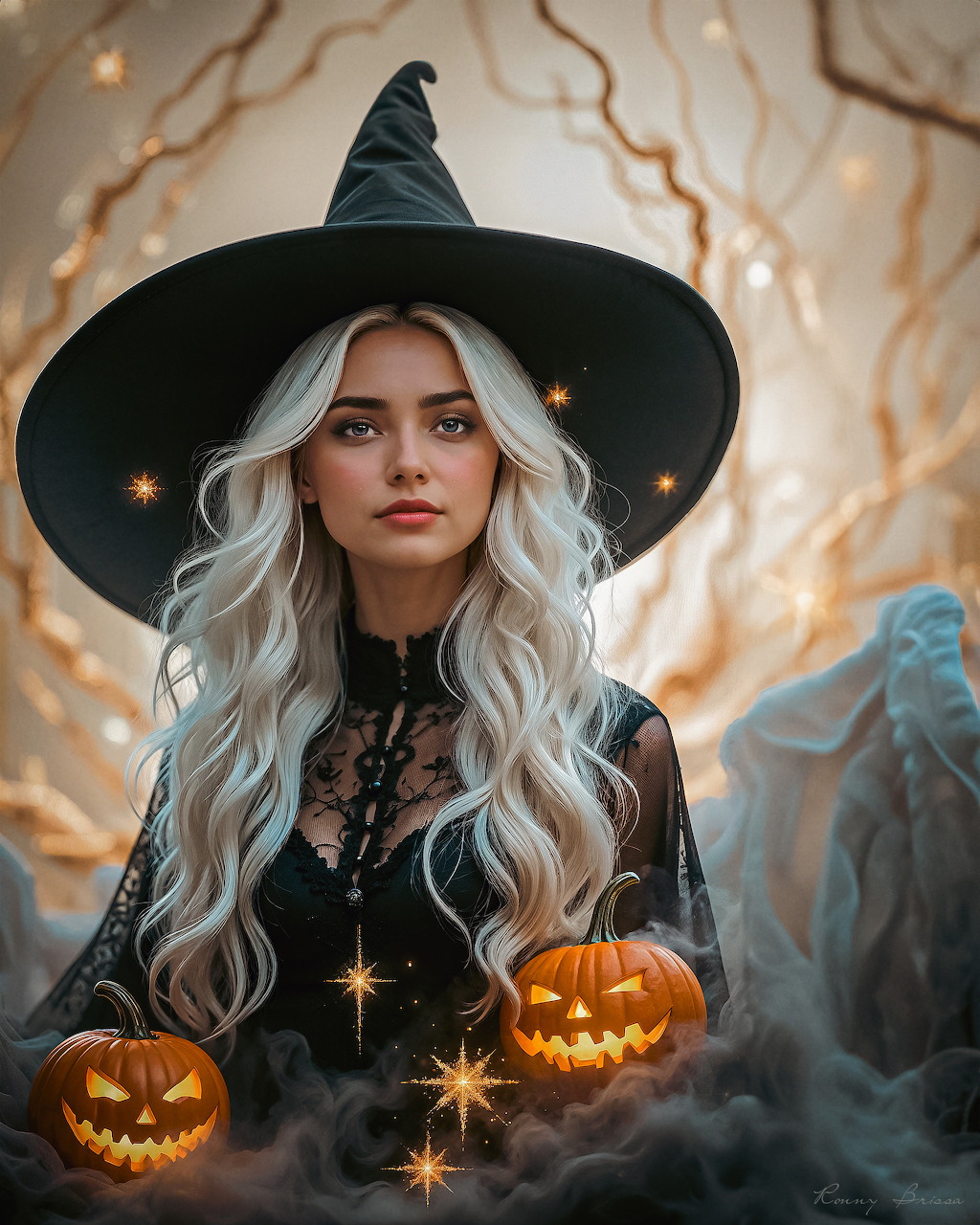 Woman in witch costume with long silver hair holding two glowing carved pumpkins