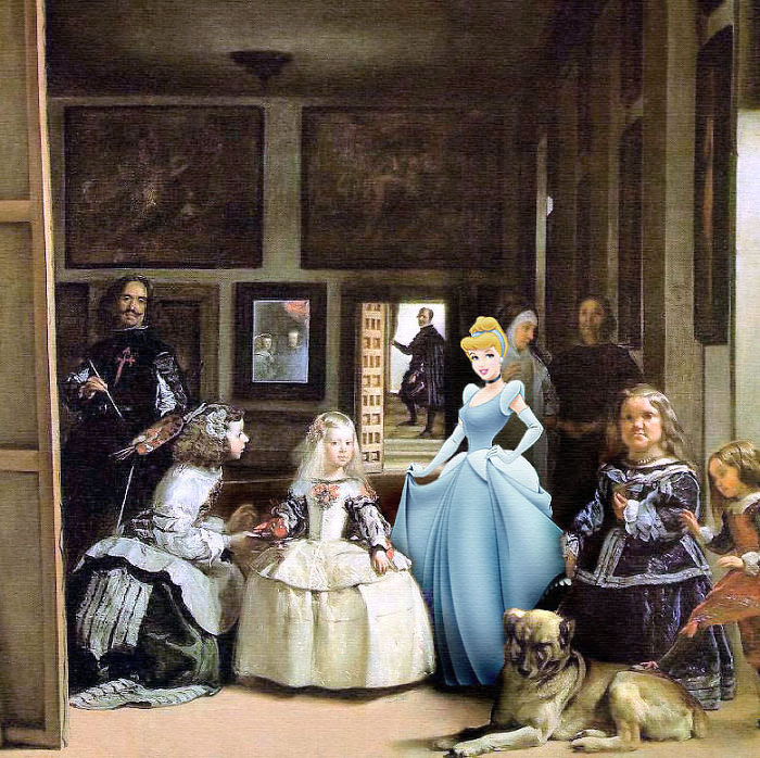 Cinderella in blue dress standing in art gallery with classical paintings and historical figures