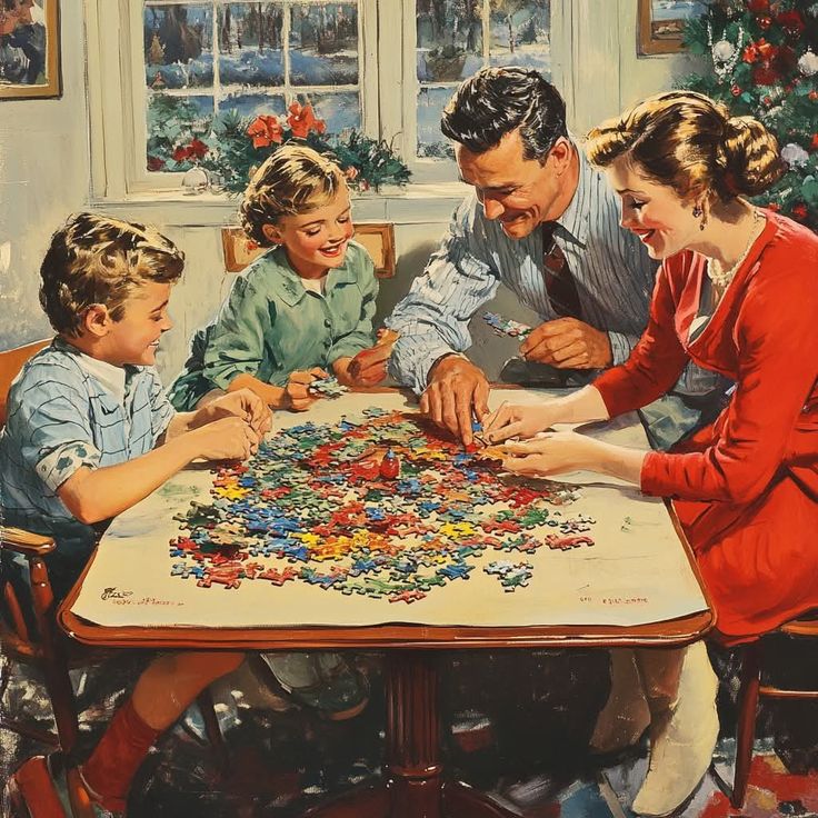 Vintage 1950s family of four doing a jigsaw puzzle together at home