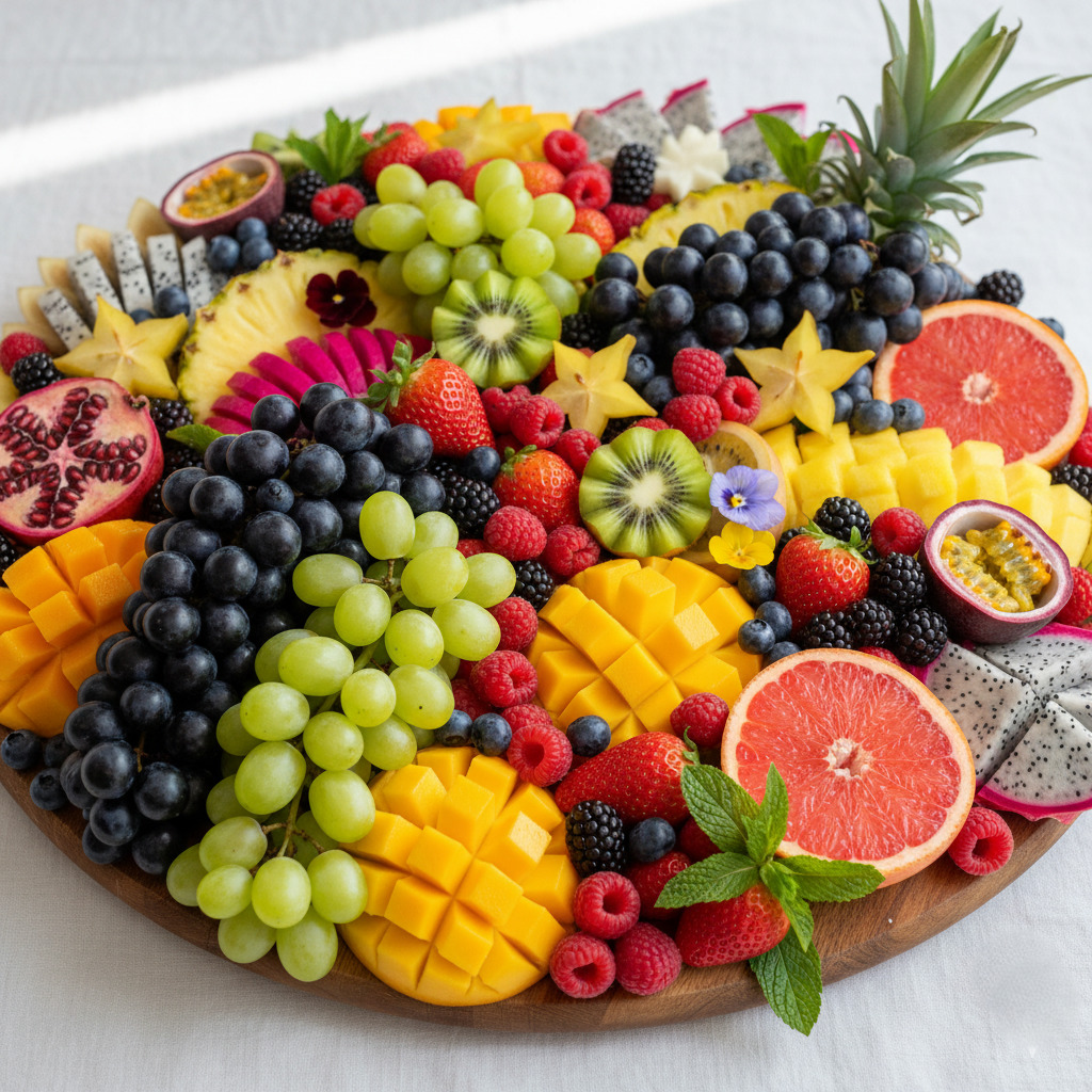 Colorful assortment of fresh fruits artfully arranged on a white plate