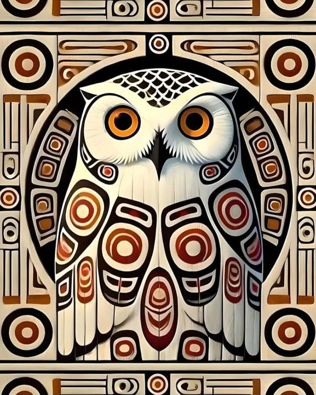 Stylized owl illustration in Native American Northwest Coast art style with geometric patterns in black, red, and cream