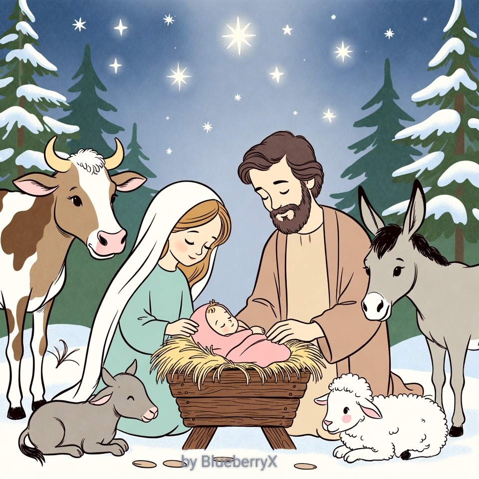 Nativity scene with holy family, manger, animals, and snowy evergreens under starlit sky