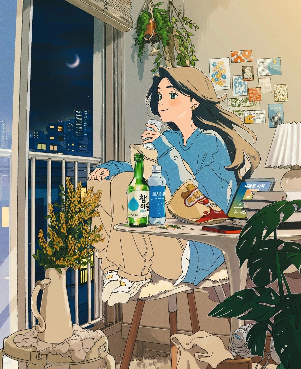 Illustrated woman reading at desk near balcony window with city night view and indoor plants