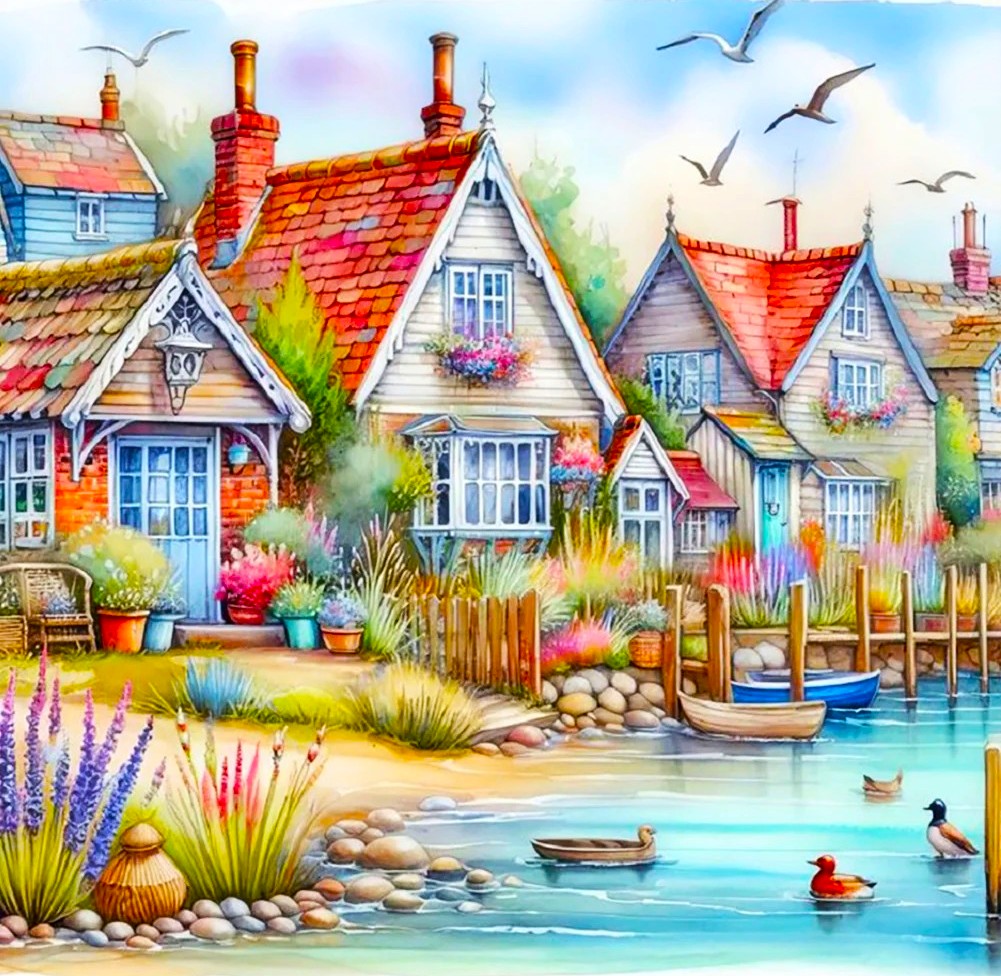 Colorful beach cottages with gardens along a coastal waterfront with boats and seagulls