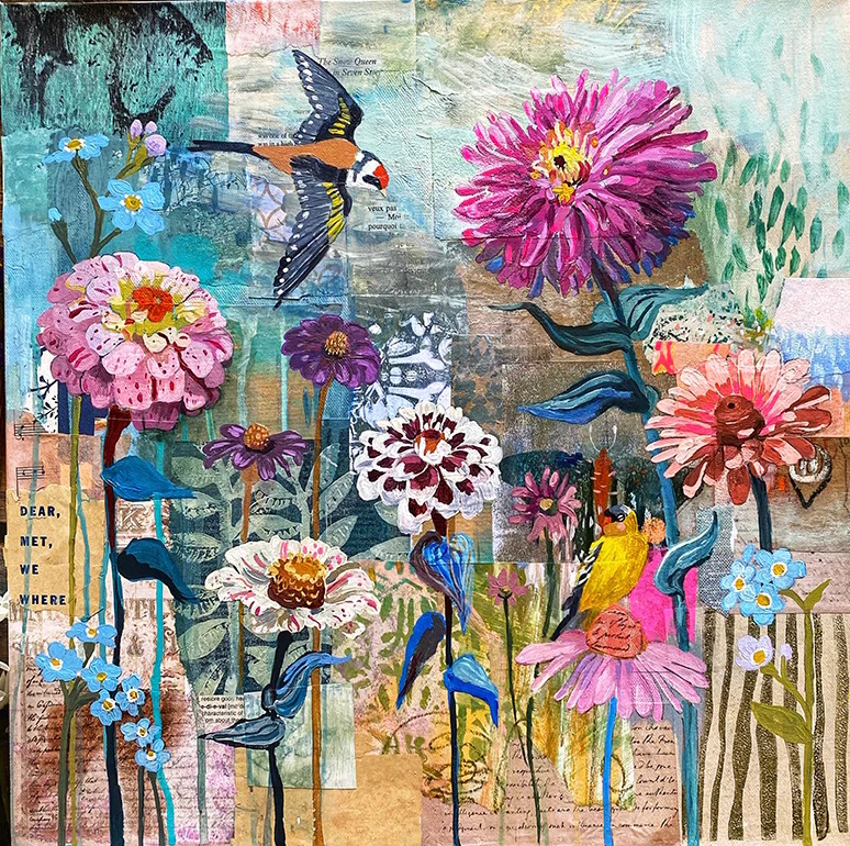 Colorful mixed media collage of blooming flowers and a swallow over layered pastel textures
