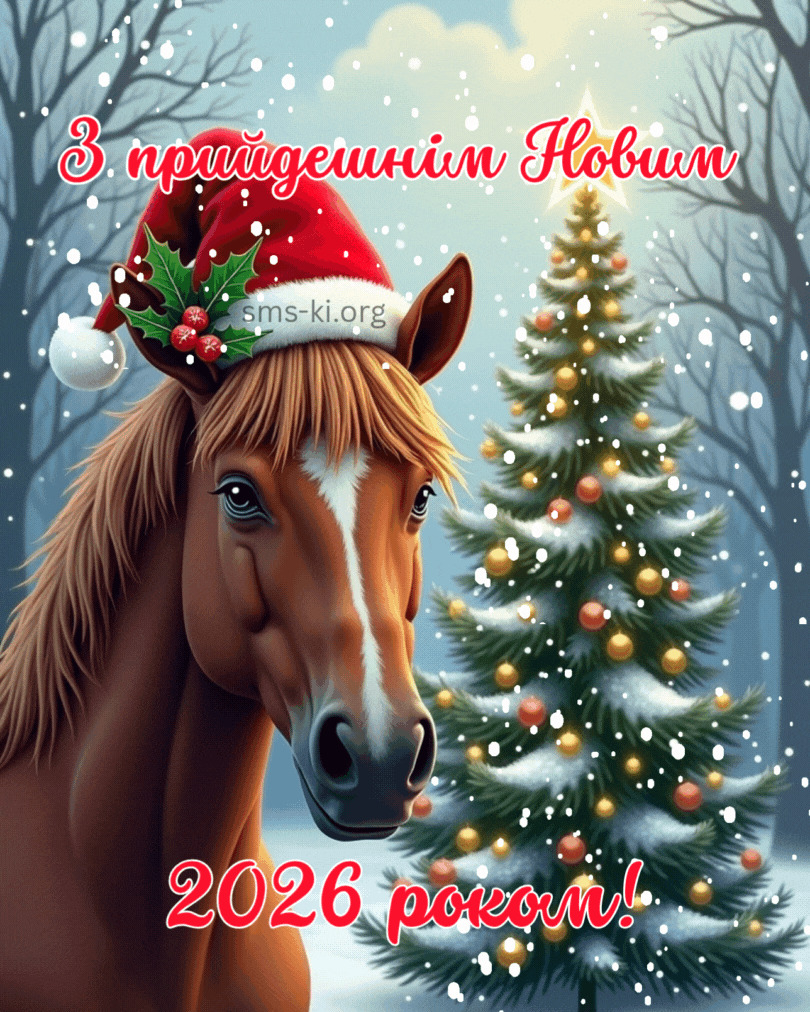 Brown horse in Santa hat next to a decorated Christmas tree in snow, New Year 2026 greeting card