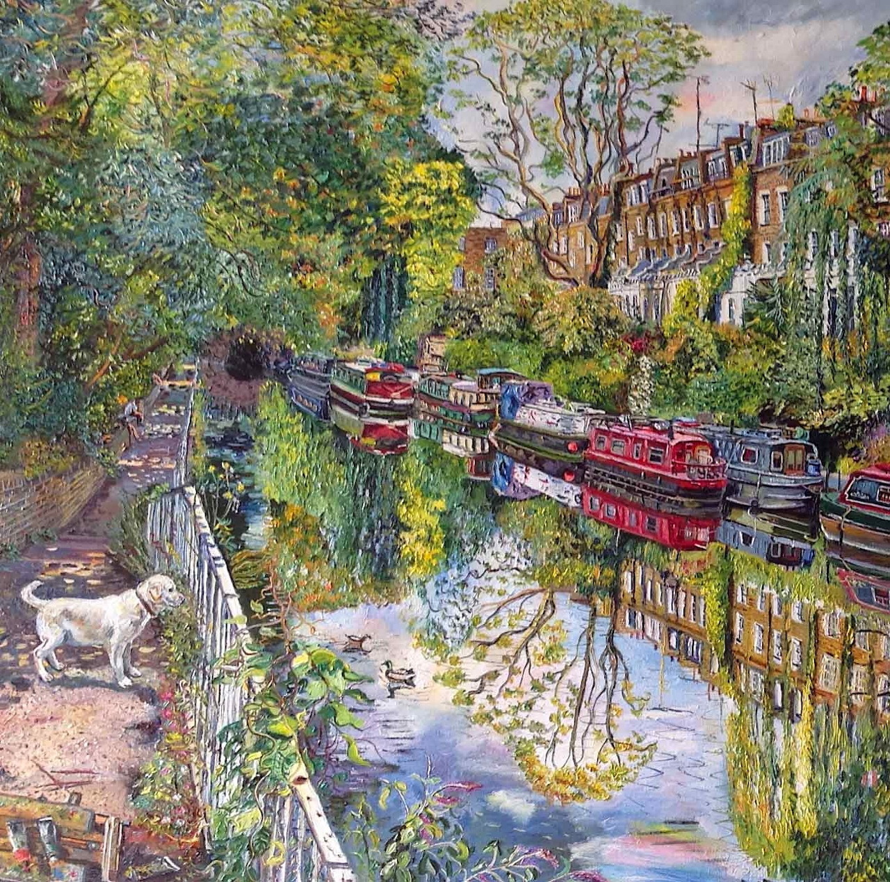 Impressionist painting of London canal with moored boats, trees, and a dog on the towpath