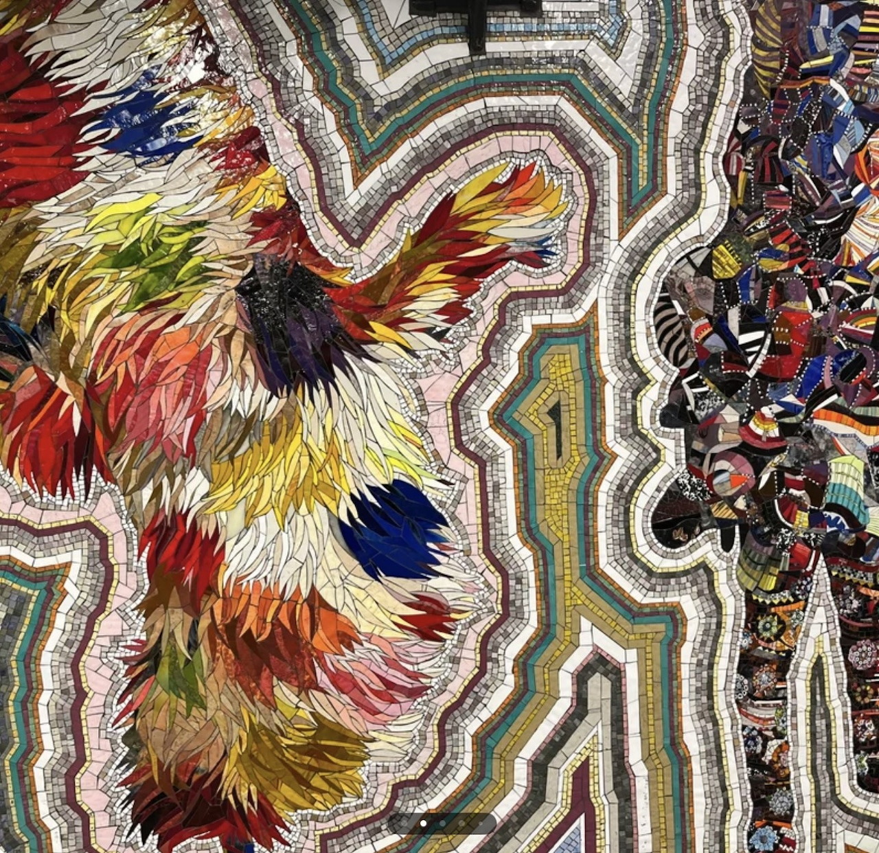 Colorful abstract artwork with feather-like forms and layered striped patterns