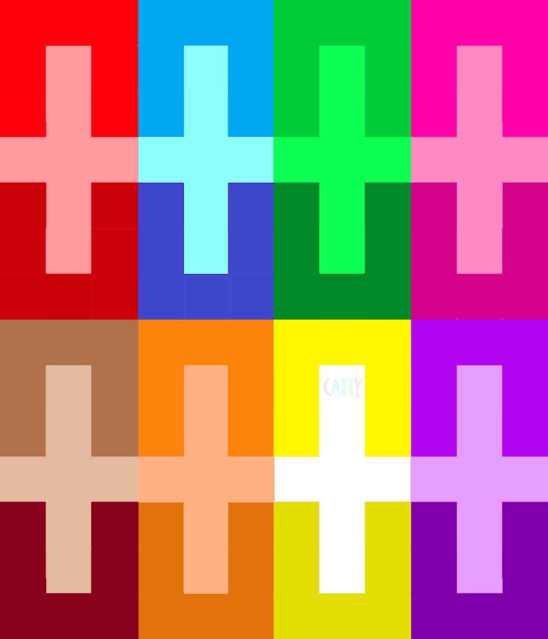 Grid of white crosses on multicolored square backgrounds in a repeating geometric pattern