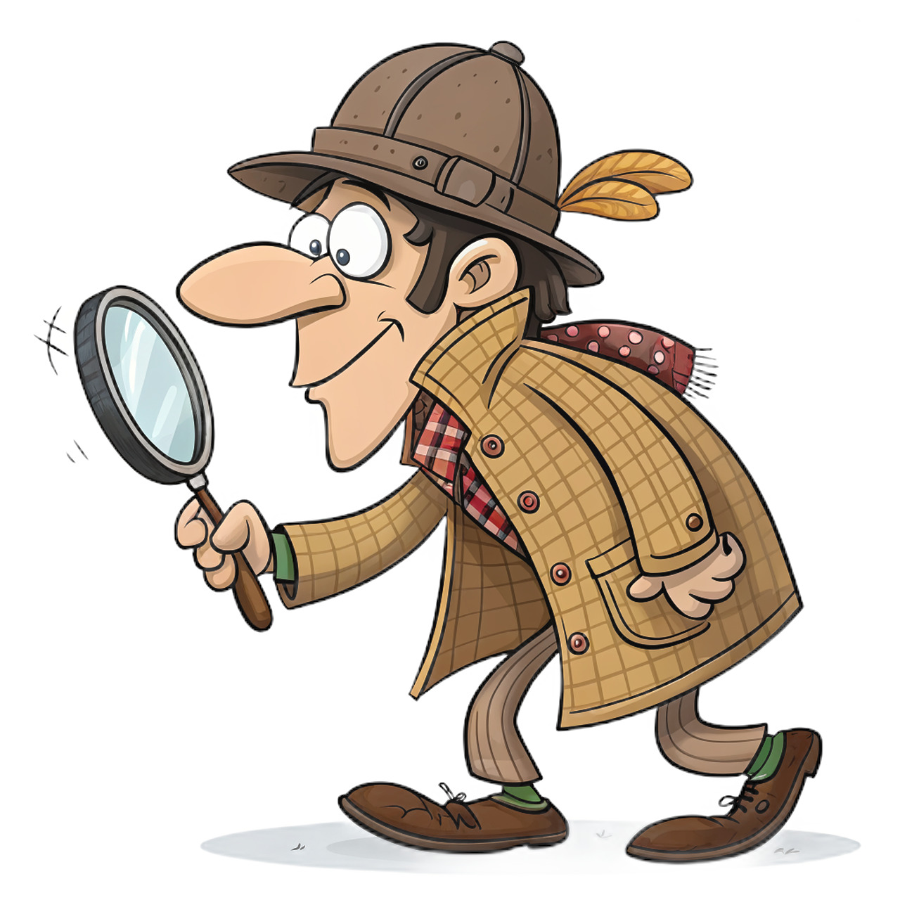 Cartoon detective holding a magnifying glass and wearing a deerstalker hat