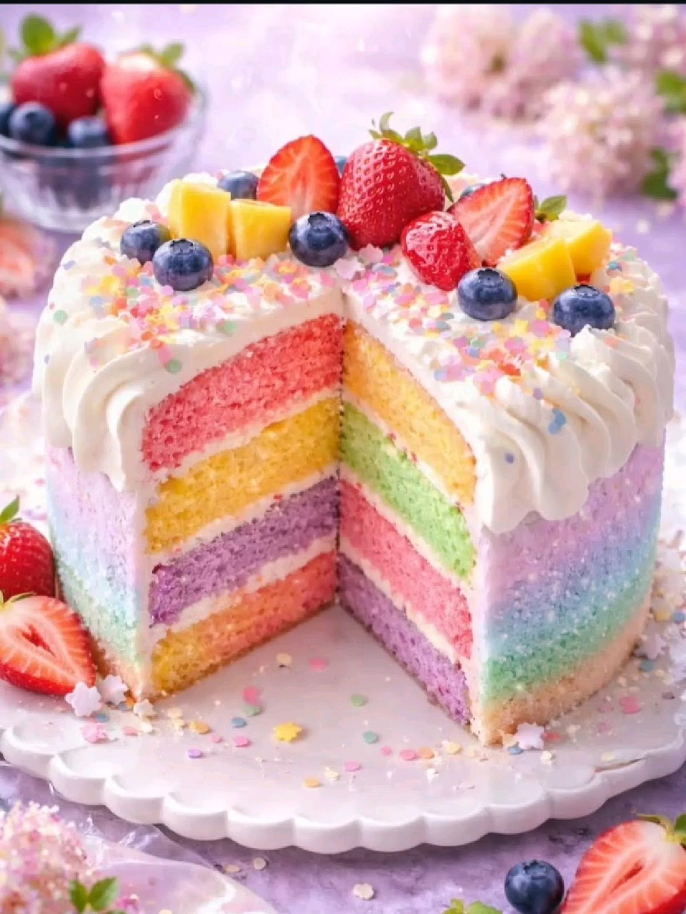 Rainbow layer cake with white frosting and fresh berries, showing colorful sponge layers in cross-section