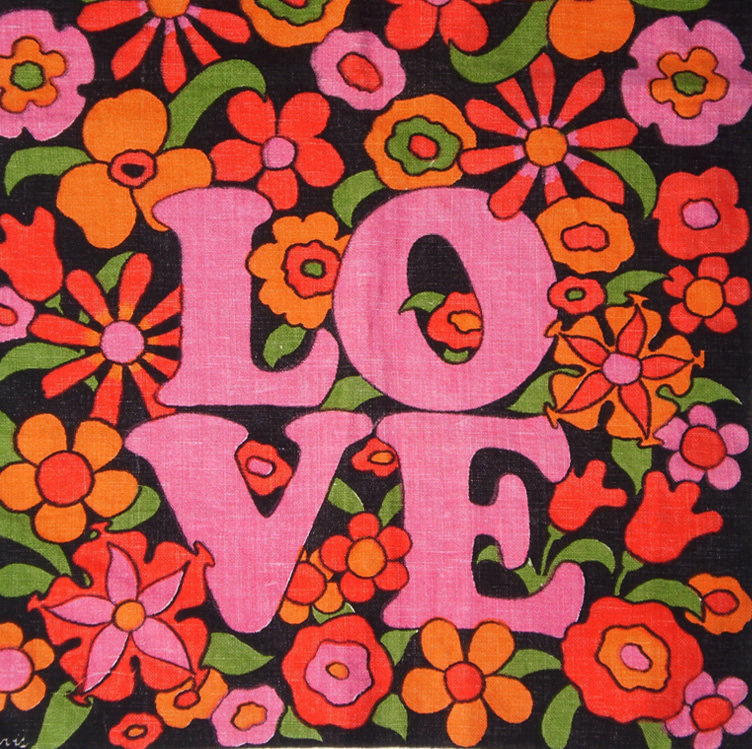 Retro floral illustration with the word LOVE in pink letters surrounded by colorful flowers