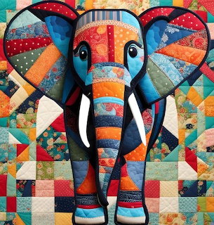 Colorful patchwork quilt elephant with geometric patterns in blue, orange, red on decorative background
