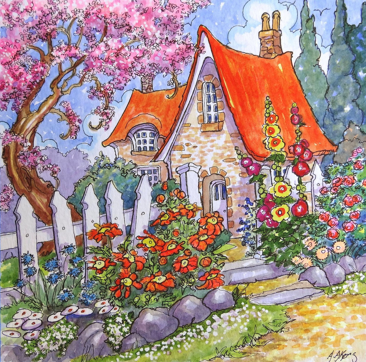 Watercolor cottage with orange roof, garden flowers, cherry blossoms, white fence, and stone path