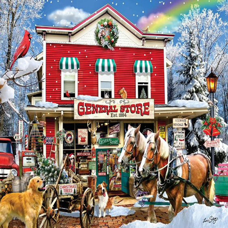 Red general store building in winter with horses, dogs, and vintage decorations under a rainbow sky