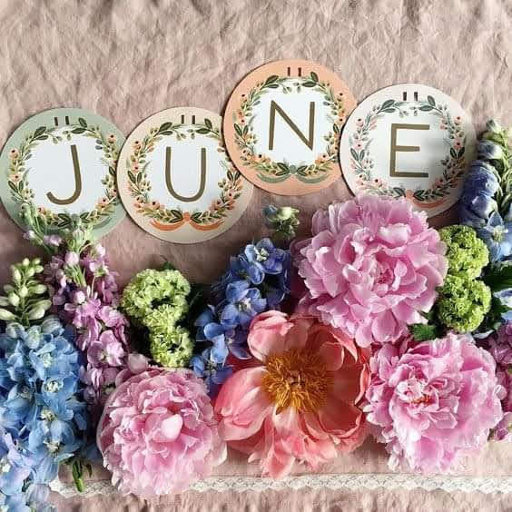 Decorative plates spelling JUNE above a colorful arrangement of pink, blue, and green flowers