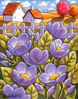 Folk art painting of purple flowers with village houses and colorful countryside behind