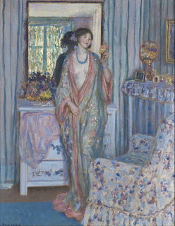 Impressionist painting of a woman in a robe standing in a pastel interior with curtains and floral furniture.
