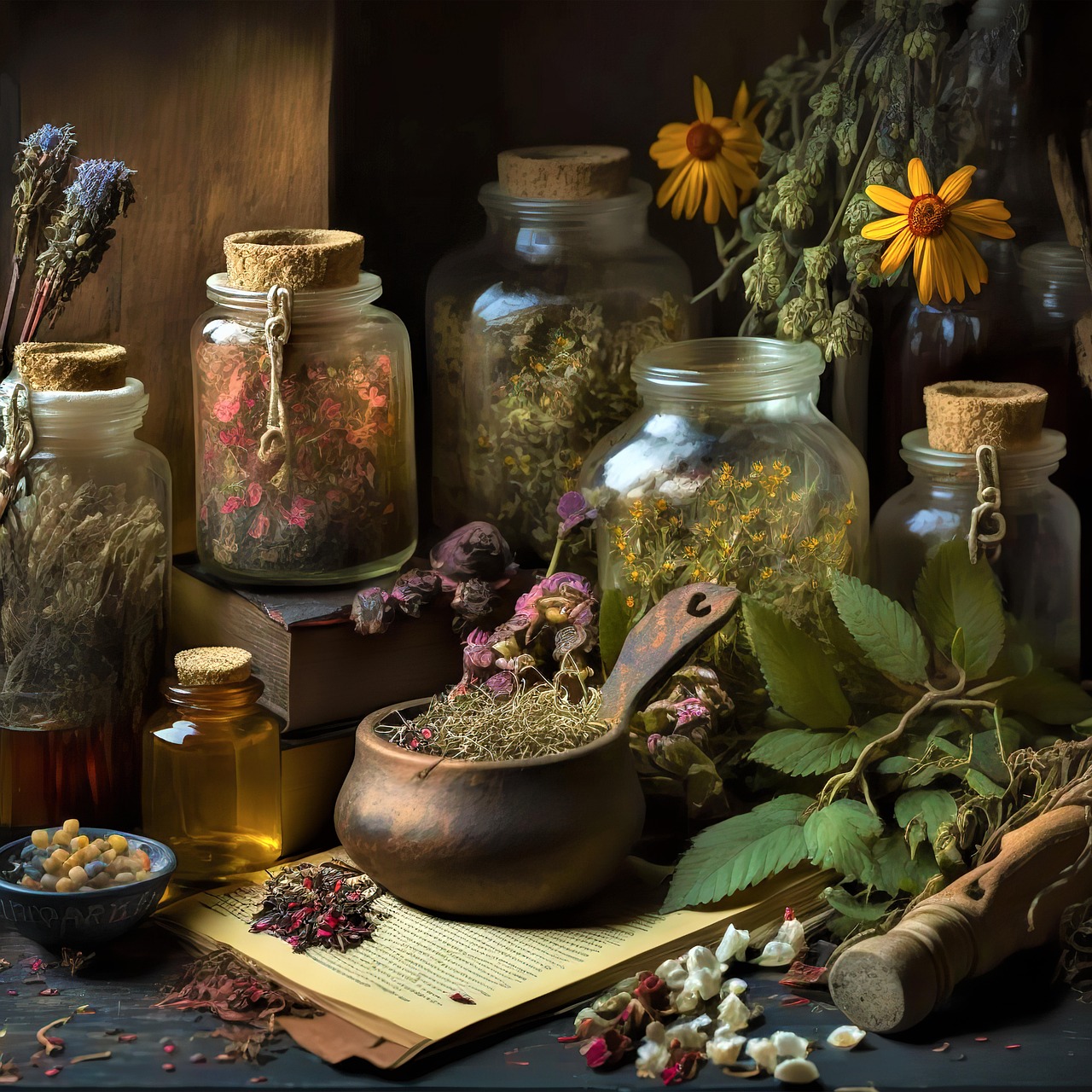 Vintage apothecary display with glass jars filled with dried herbs, flowers, and a mortar with pestle on wooden table