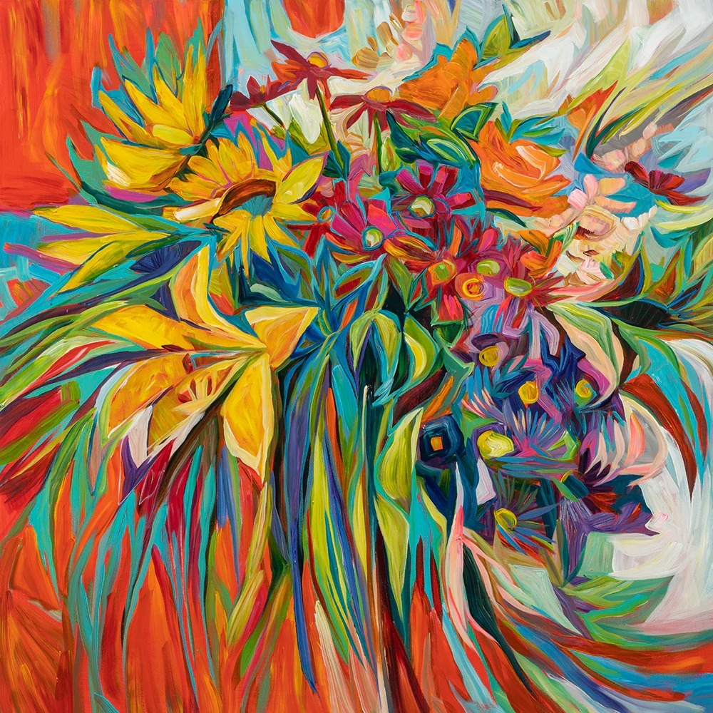 Abstract acrylic painting of vibrant colorful flowers with expressive brushstrokes