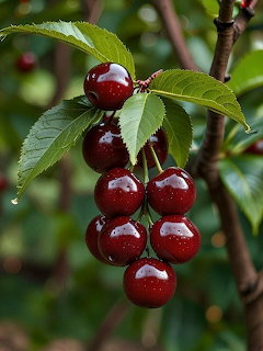 Cluster of ripe red cherries hanging from a branch with green serrated leaves