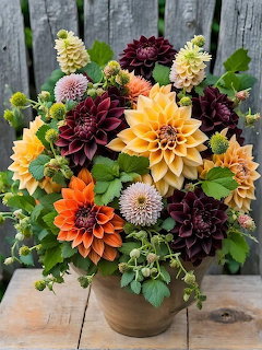 Colorful dahlia bouquet with orange, burgundy and cream blooms in rustic vase on wooden surface