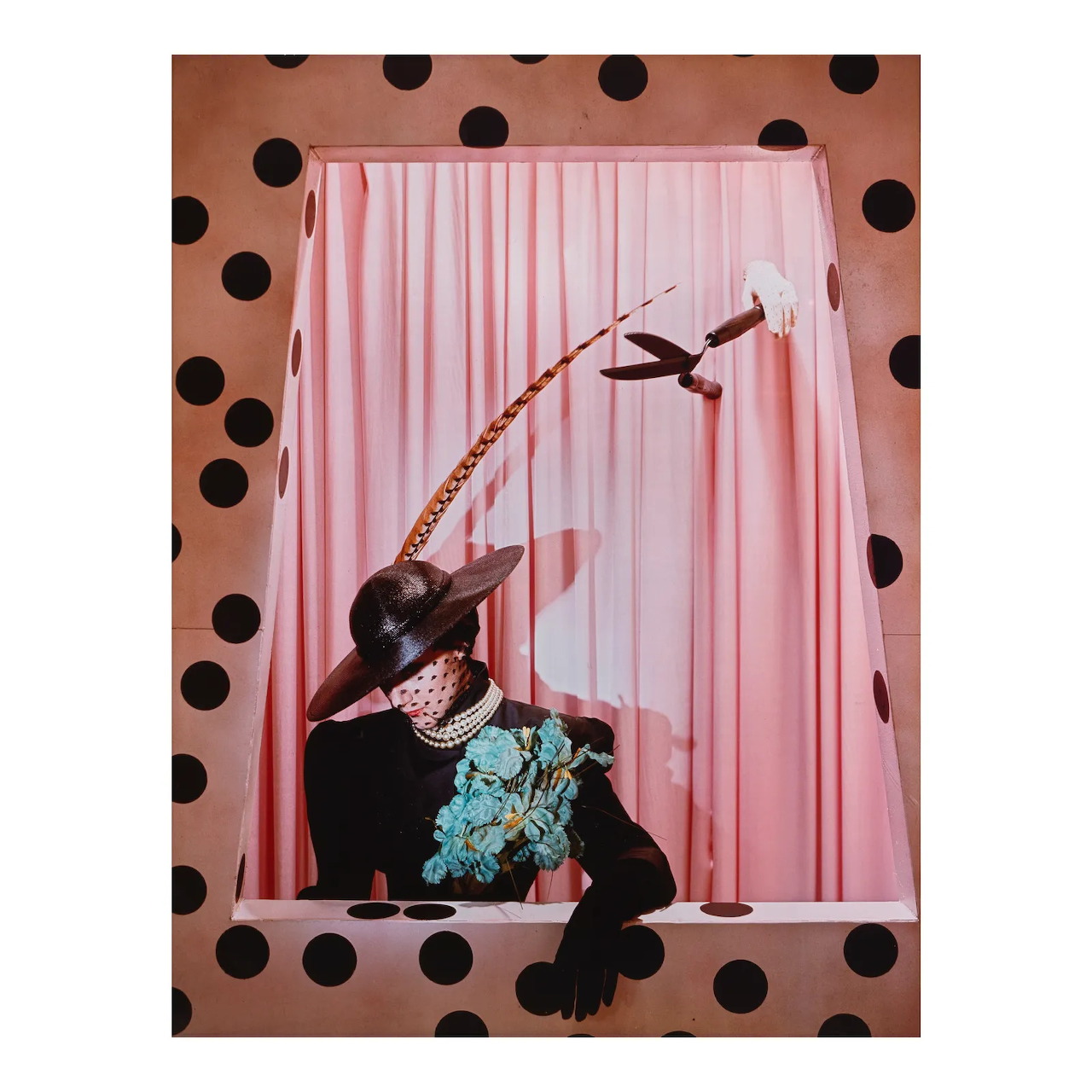 Collage artwork of woman in black hat and gloves with blue flowers against pink curtains and polka dot background