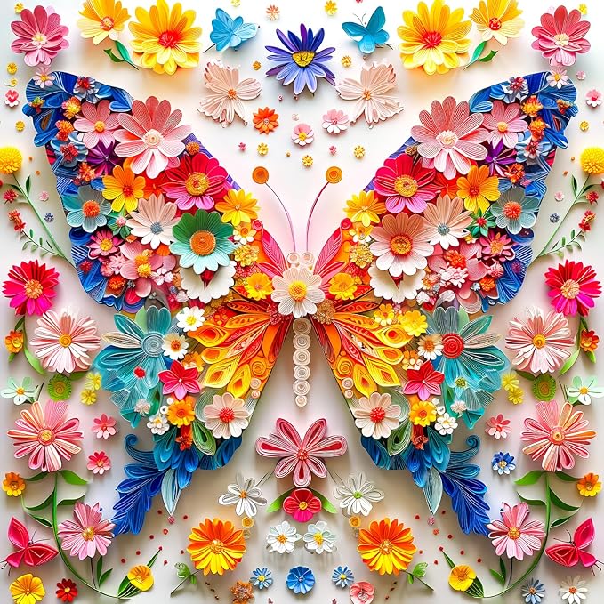 Paper art butterfly with multicolored flowers forming wings, surrounded by decorative blooms