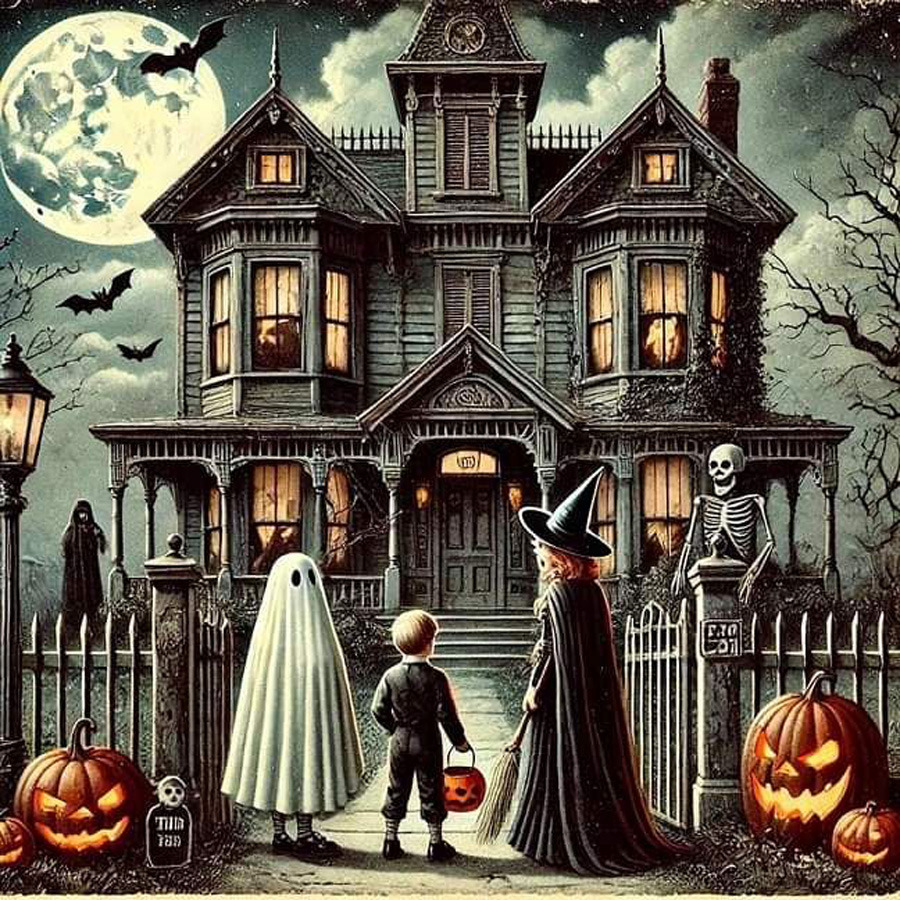 Halloween Haunted House with Trick or Treaters