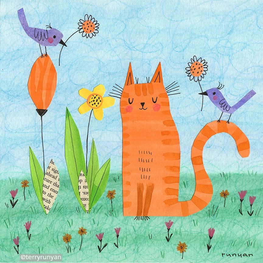 Illustrated orange striped cat in a grassy field with flowers and two purple birds