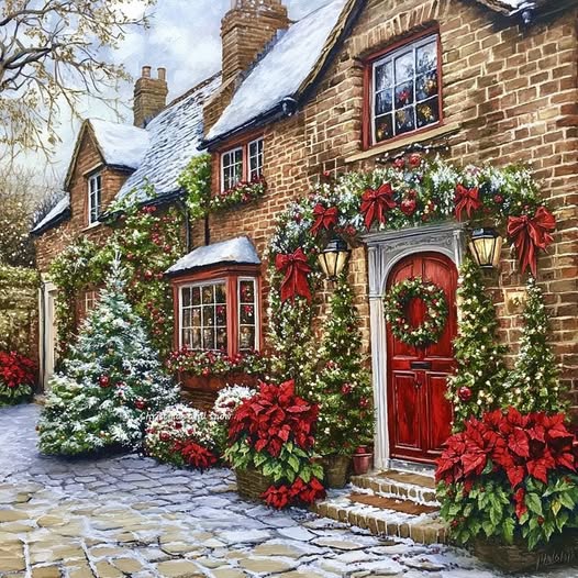 Brick cottage with red door decorated with Christmas wreaths, garlands, poinsettias, and snowy evergreen tree