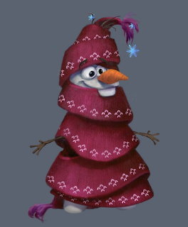 Olaf the snowman dressed in a red knitted sweater, matching hat and scarf with white decorative patterns
