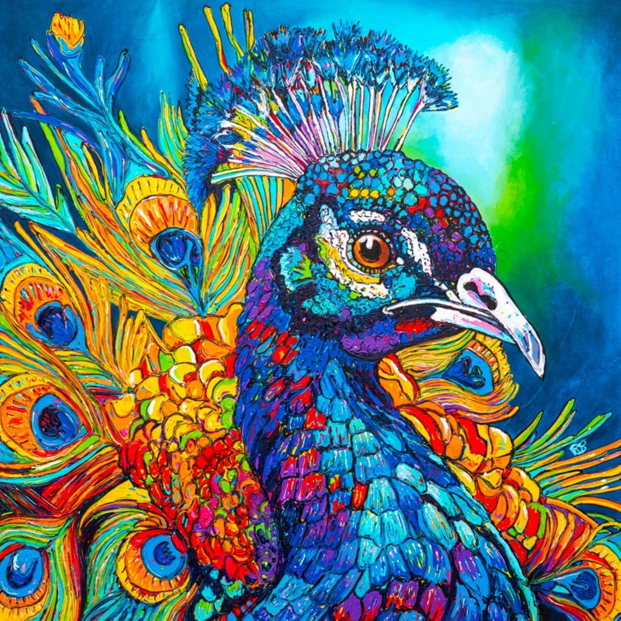Vibrant peacock with iridescent blue plumage and colorful orange, yellow and turquoise tail feathers with eyespots