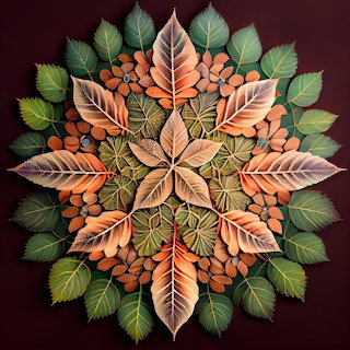 Symmetrical mandala made of green and orange leaves on a dark red background