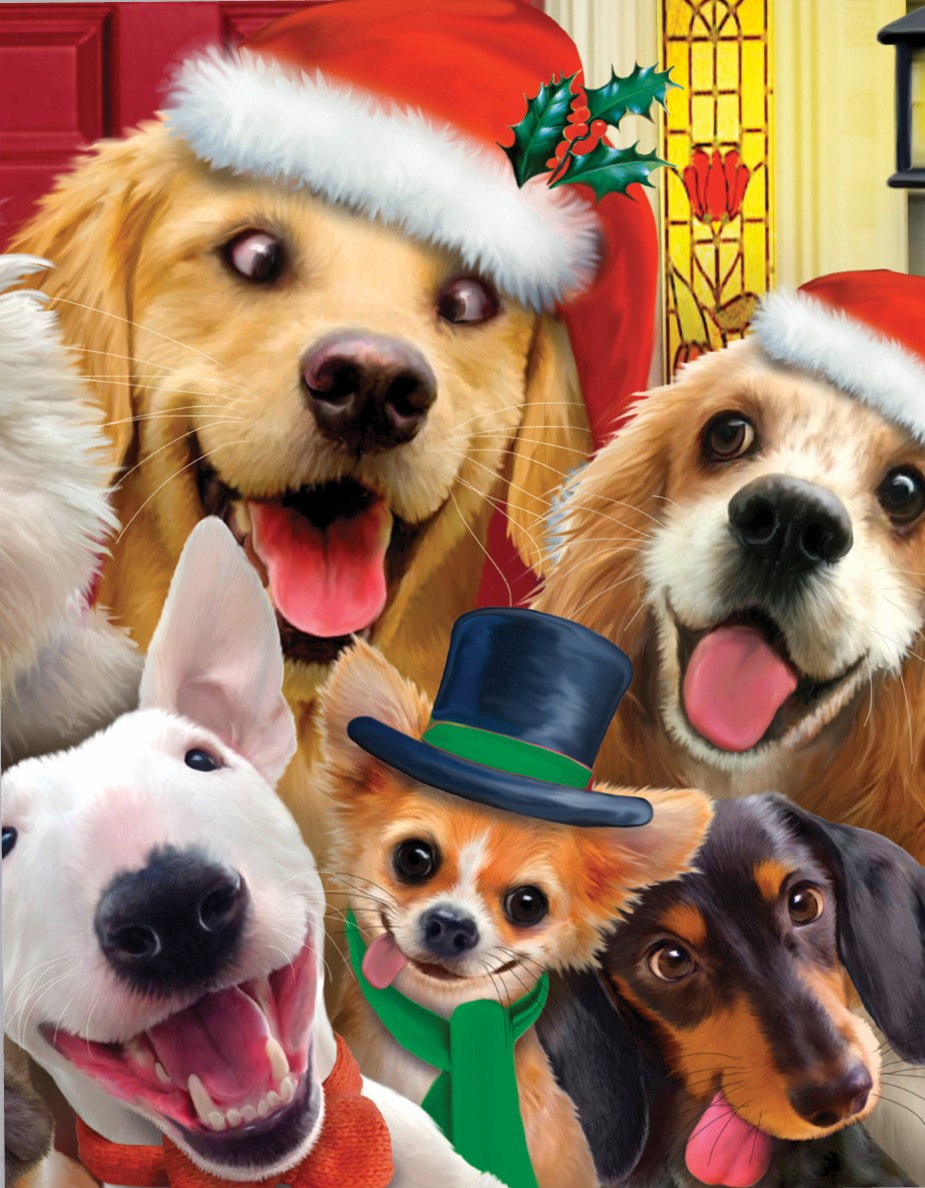 Five dogs in Christmas hats and accessories posing together, including golden retrievers, white dog, chihuahua, and dachshund