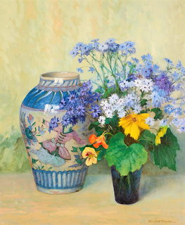 Still life painting of decorated Persian jar with floral bouquet in vase
