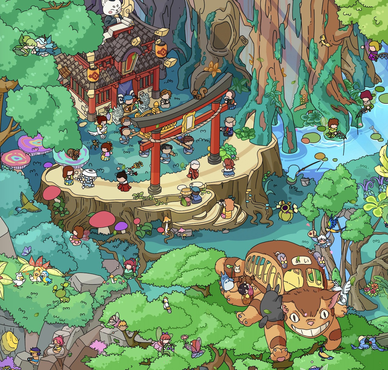 Colorful anime-style illustration of a Japanese village with torii gate, wooden structures, and fantasy characters